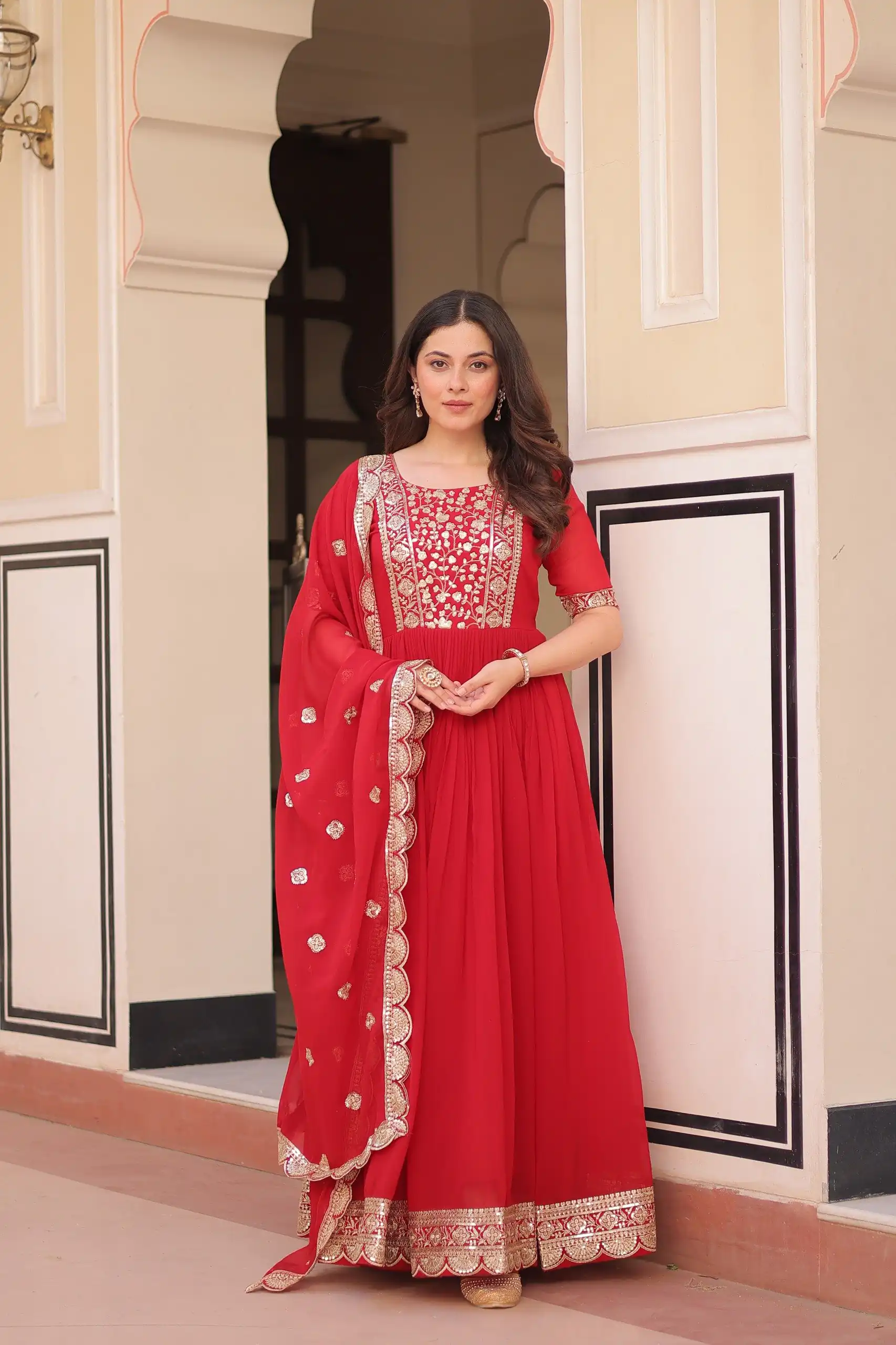 Red Faux Blooming Embroidery Zari Work Gown