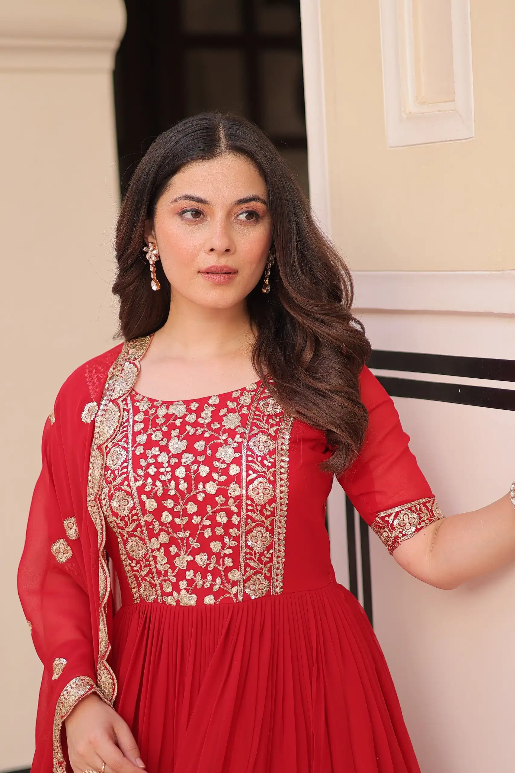 Red Faux Blooming Embroidery Zari Work Gown - Image 2