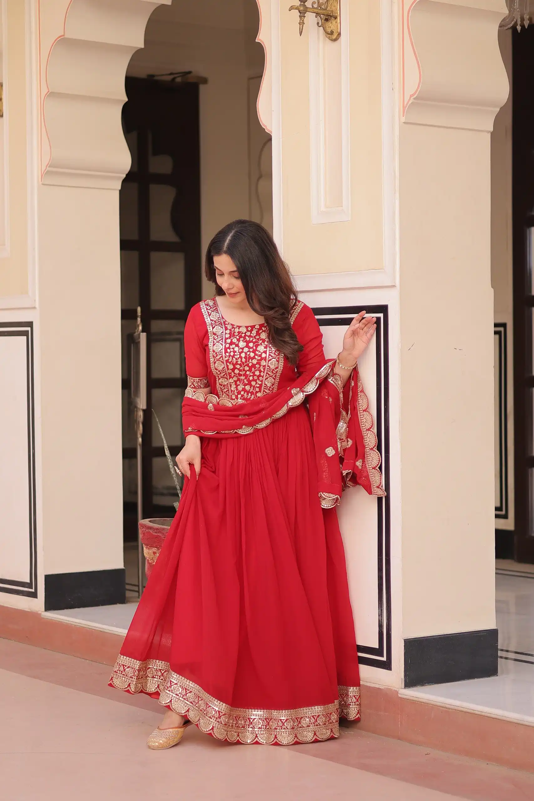 Red Faux Blooming Embroidery Zari Work Gown - Image 4