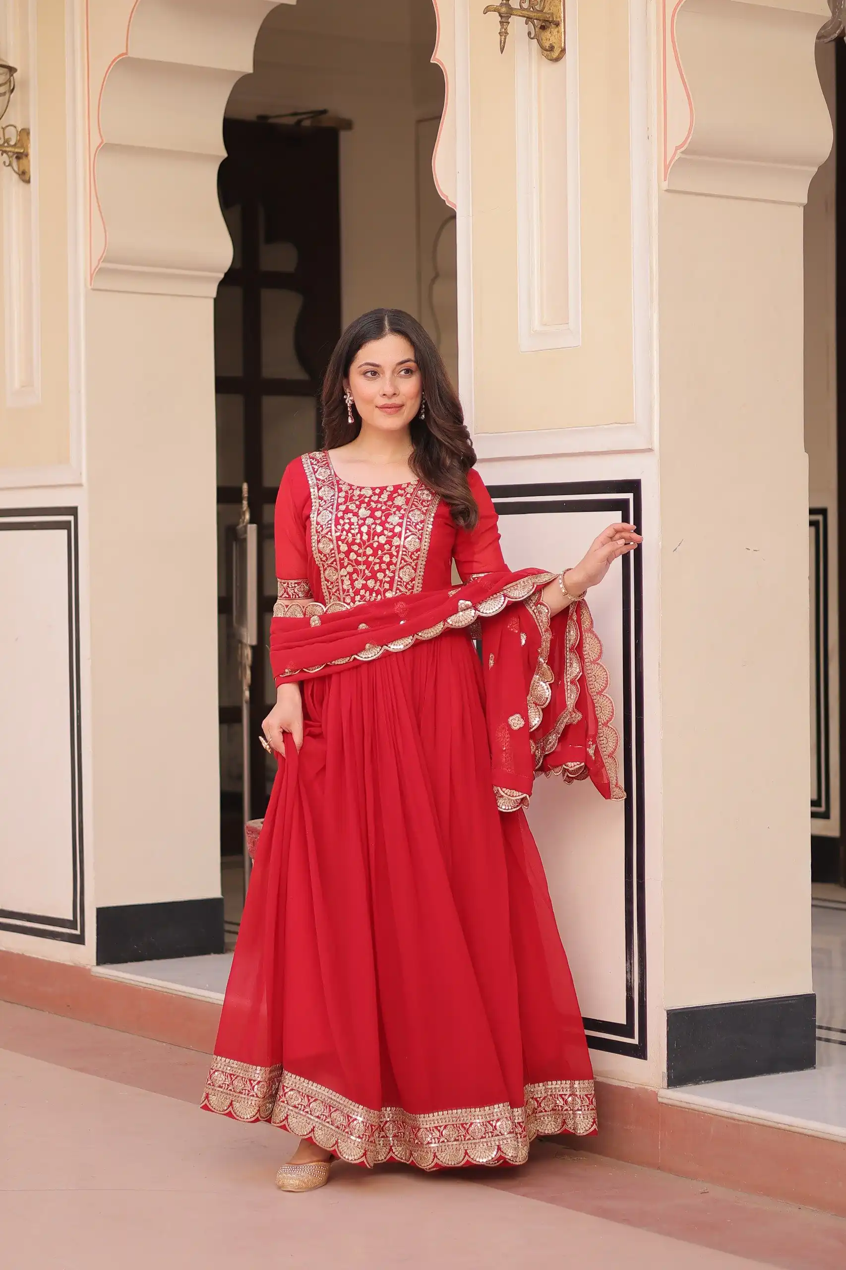 Red Faux Blooming Embroidery Zari Work Gown - Image 5