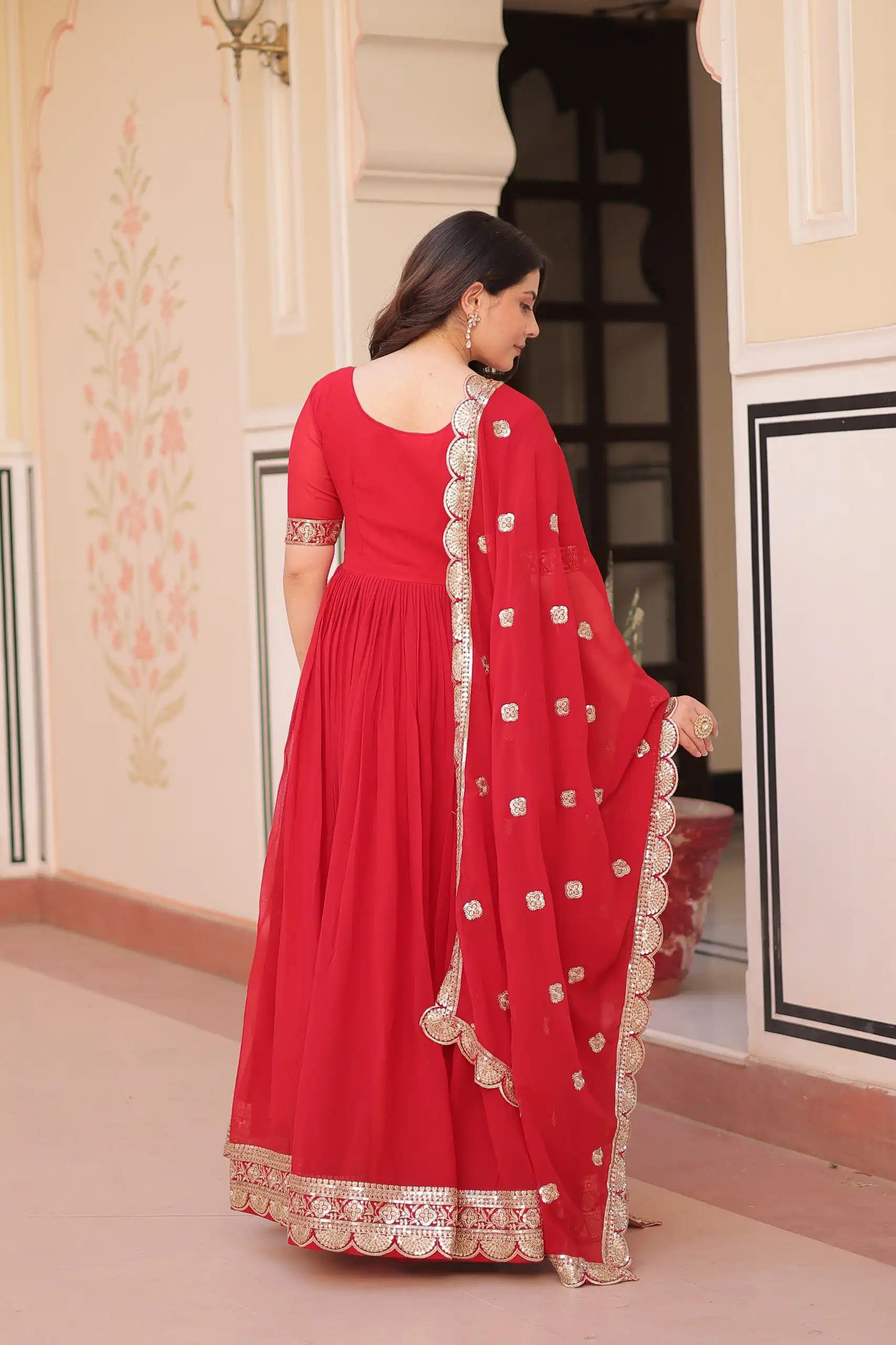 Red Faux Blooming Embroidery Zari Work Gown - Image 6