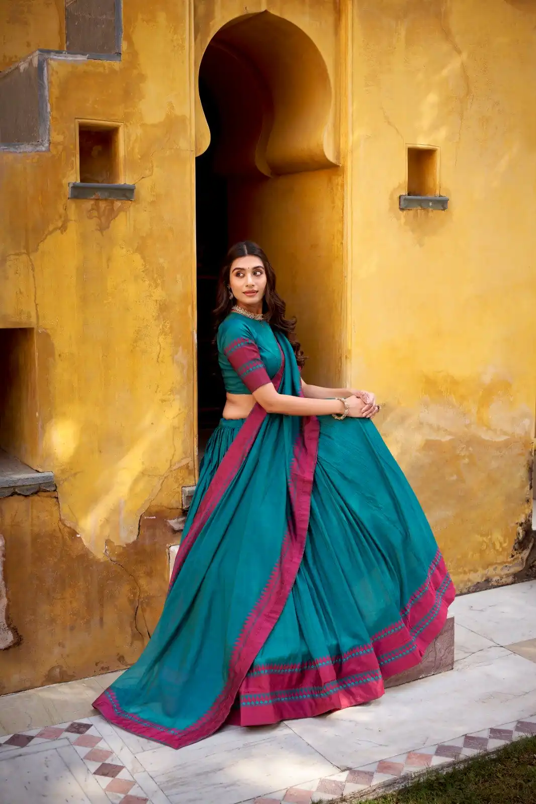 Teal Chanderi Embroidery Work Lehenga Choli