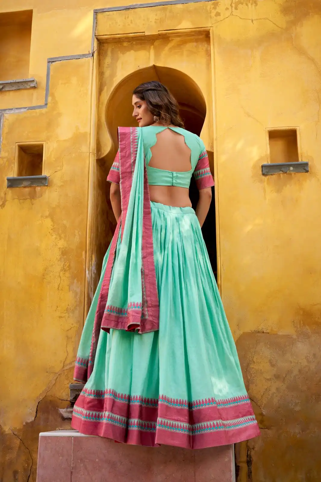Sky Blue Chanderi Embroidery Work Lehenga Choli - Image 3