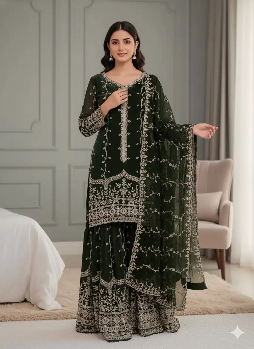 Green Fendy Silk Embroidery Work Salwar Suit - Image 3
