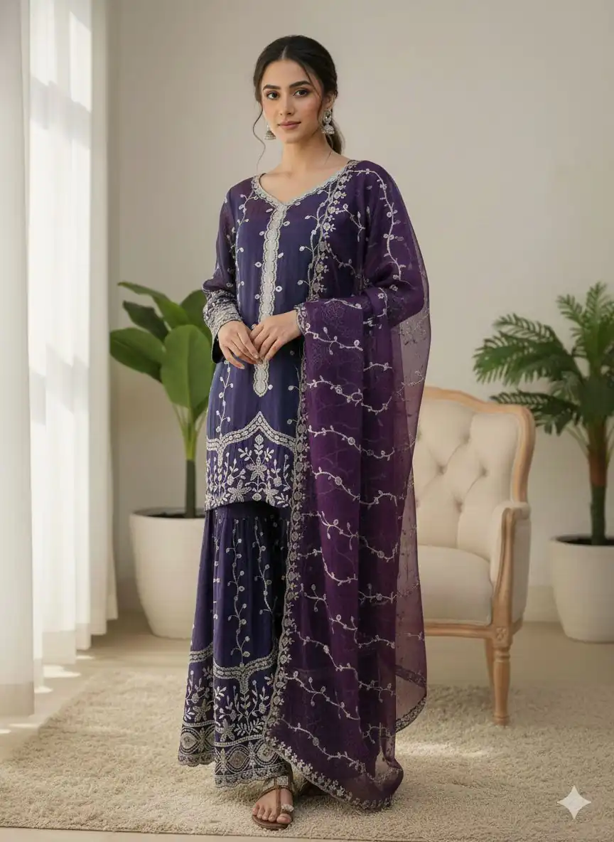 Purple Fendy Silk Embroidery Work Salwar Suit