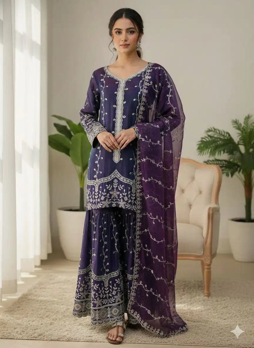 Purple Fendy Silk Embroidery Work Salwar Suit - Image 2