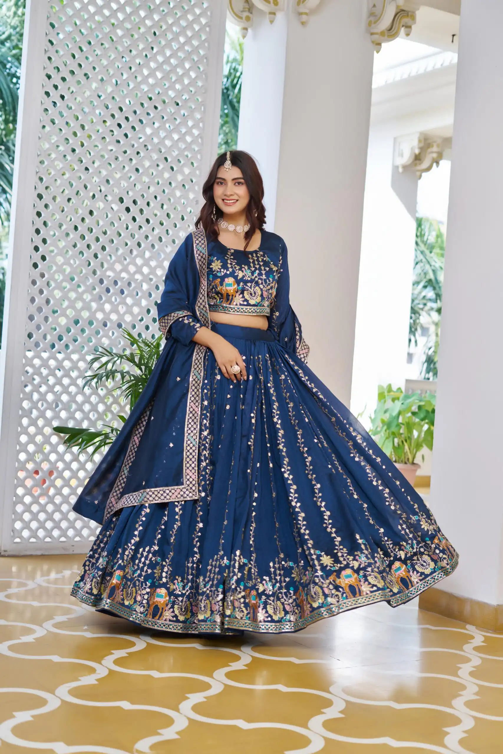 Navy Blue Vichitra Embroidery Work Lehenga Choli