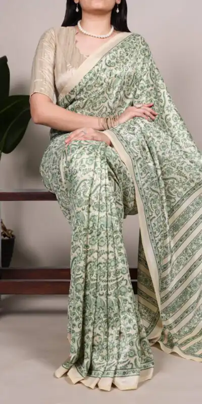 Green Taser Silk With Printed Work Saree