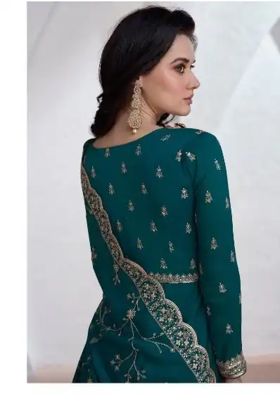 Teal Vichitra Embroidery Lace Work Salwar Suit - Image 3