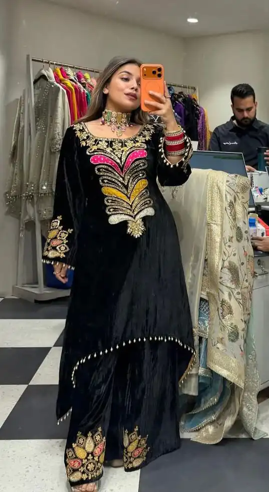 Black Velvet Sequence Patch Work Salwar Suit