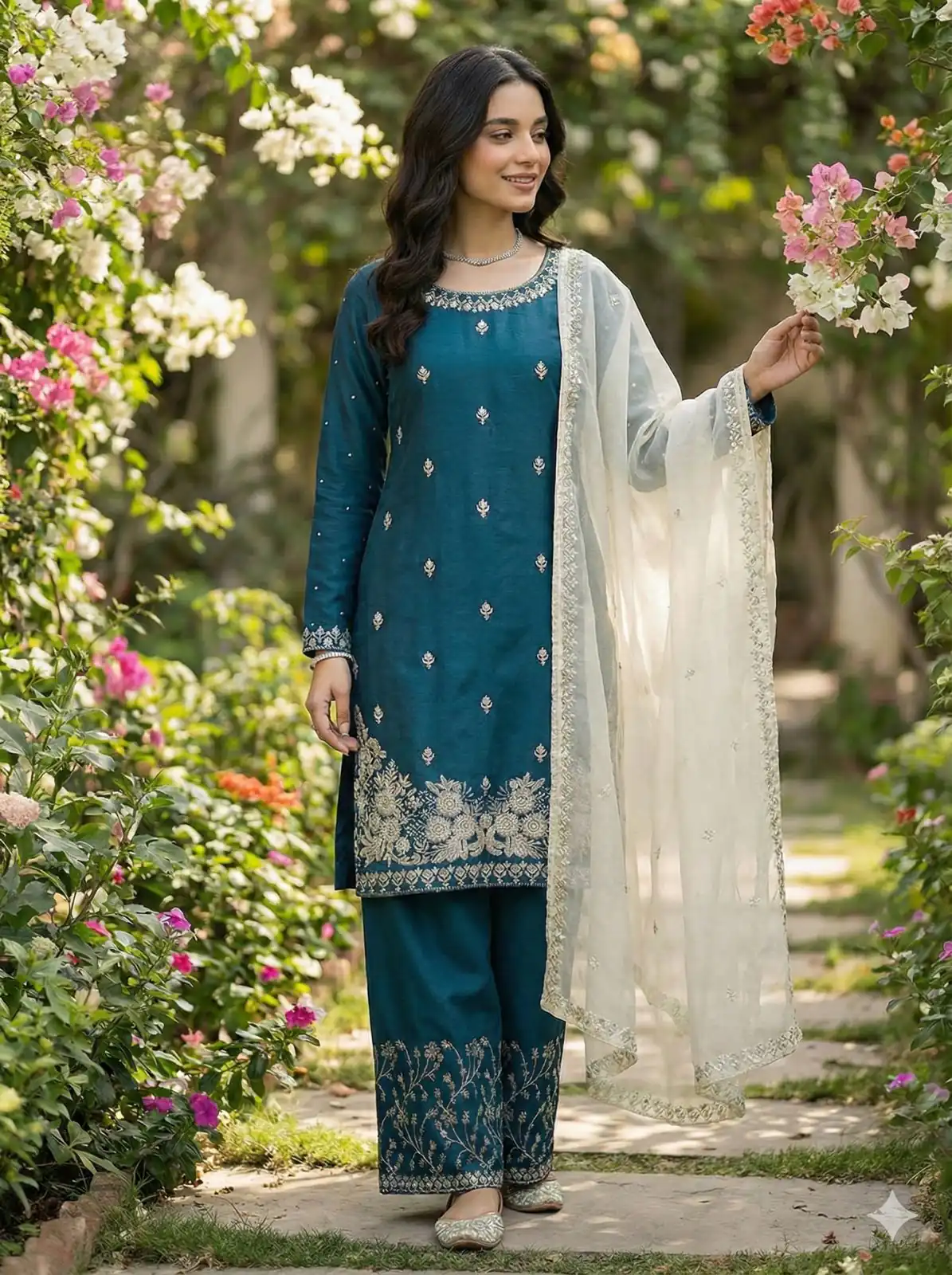 Teal Organza Silk Lace Embroidery Work Salwar Suit - Image 6