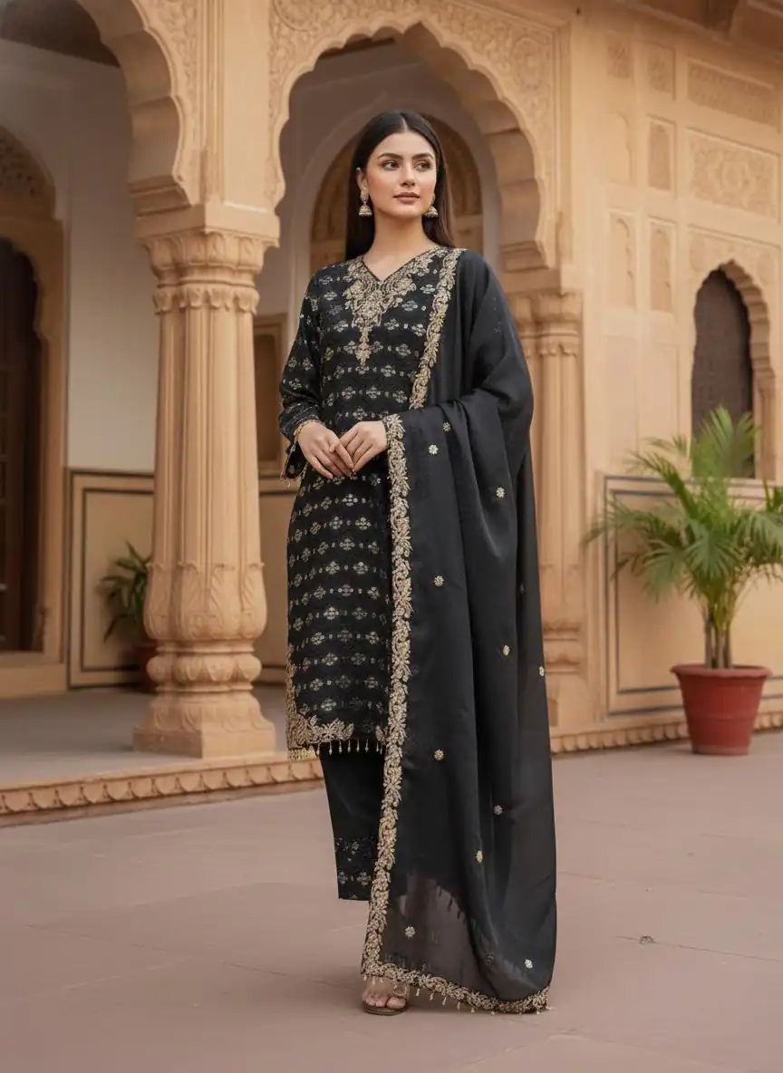 Black Pure Organza Silk Sequence Work Salwar Suit - Image 4