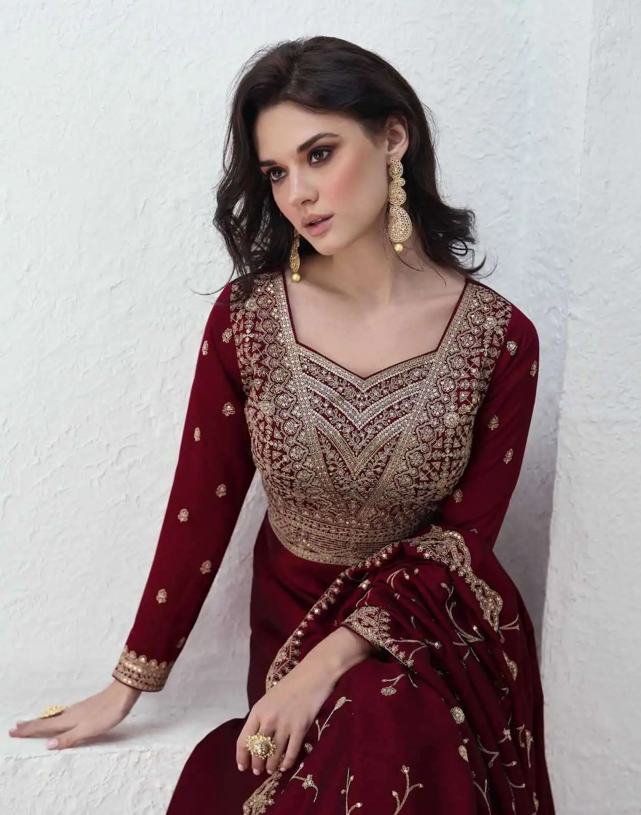 Maroon Vichitra Embroidery Lace Work Salwar Suit - Image 3