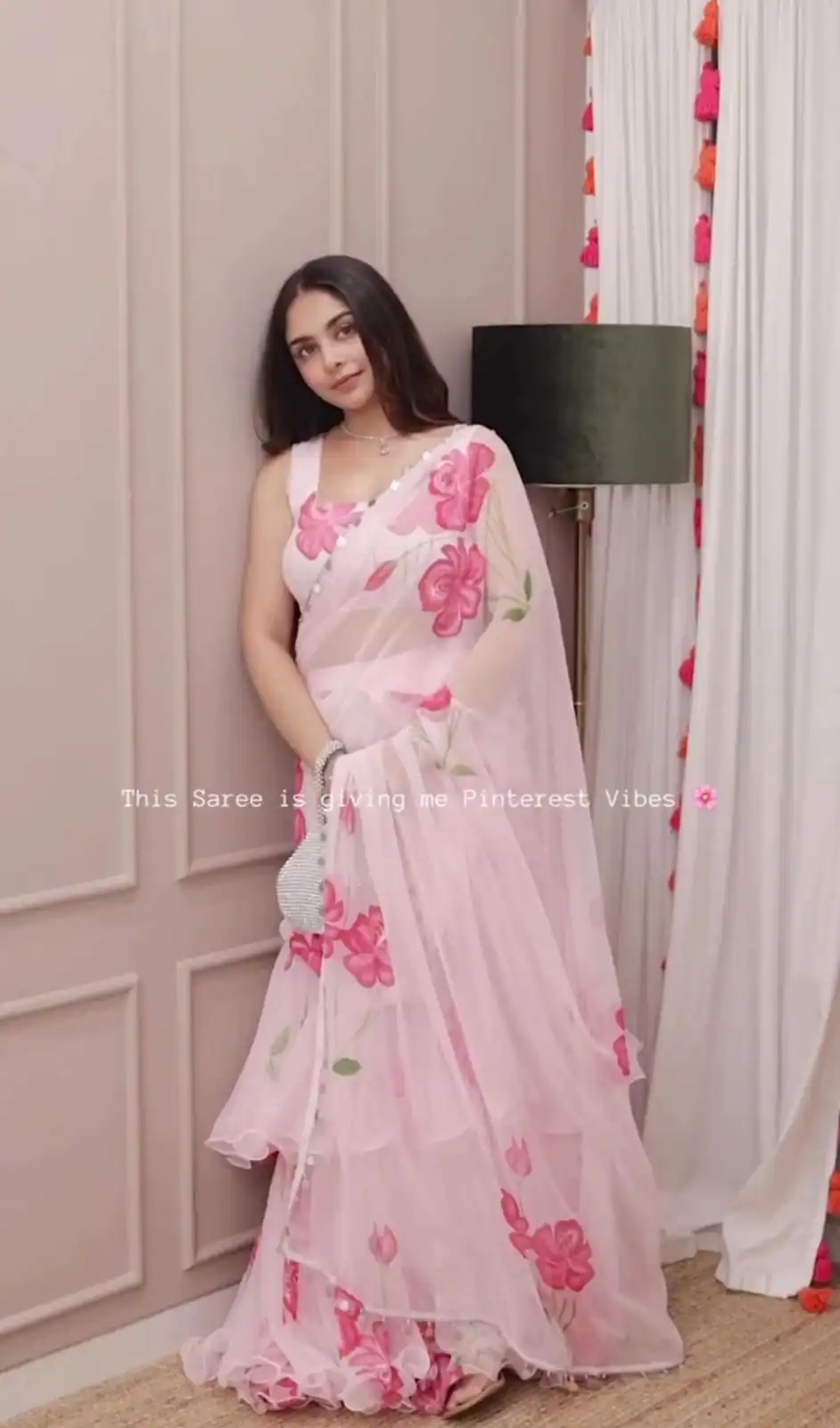 Baby Pink Premium Faux Georgette Digital Print Saree - Image 3