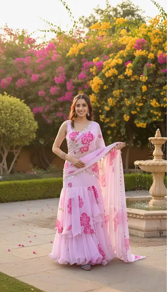 Baby Pink Premium Faux Georgette Digital Print Saree - Image 2