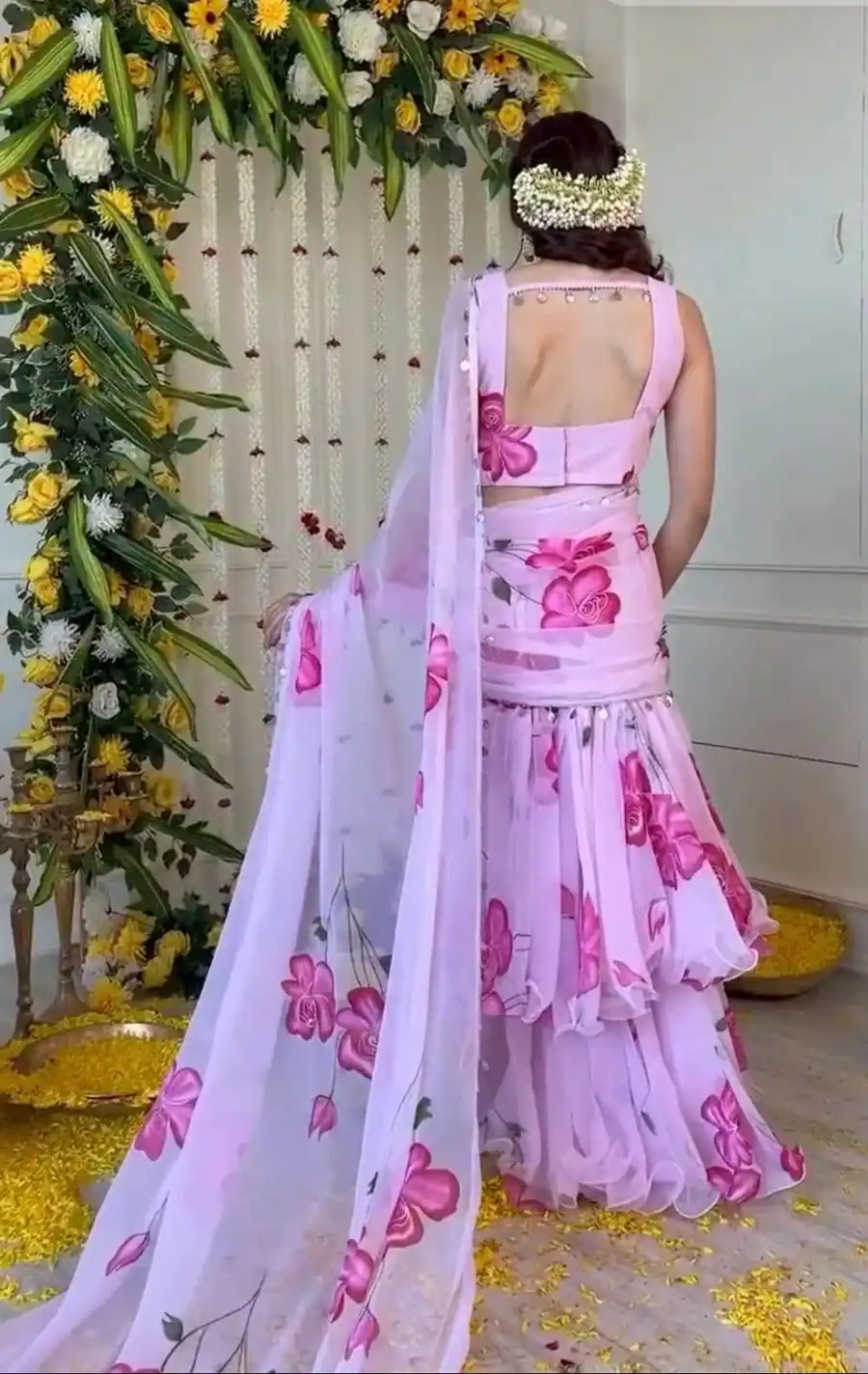 Baby Pink Premium Faux Georgette Digital Print Saree - Image 4