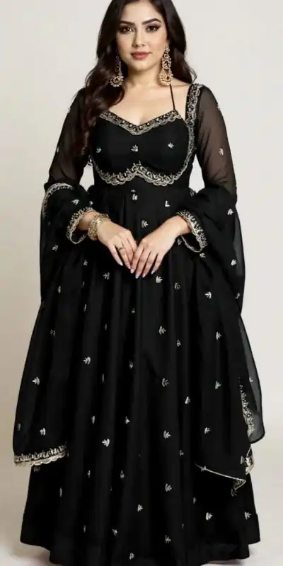 Black Georgette Embroidery Work Gown