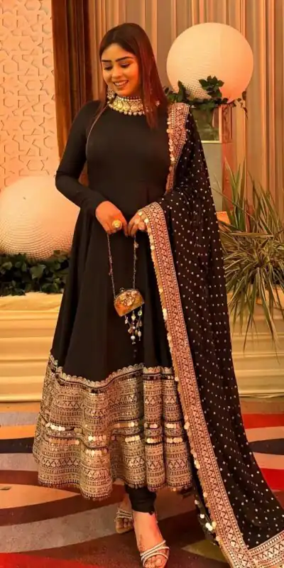 Black Roman Silk Embroidery Lace Work Gown