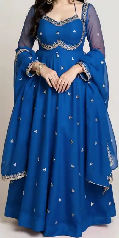 MF 1003 Blue Georgette Gown. Perfect for Wedding, Party, Pongal, Bridal Wear, Anniversary – Affordable Price ₹1799. Delivery 4-6 Working Days. Shop now. | Gowns, Bollywood Gowns, Creative Gowns, Designer Gowns, Embroidered Gowns, Party Wear Gowns