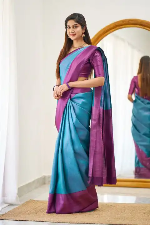 Blue Lichi Silk Jacquard Work Saree - Image 2