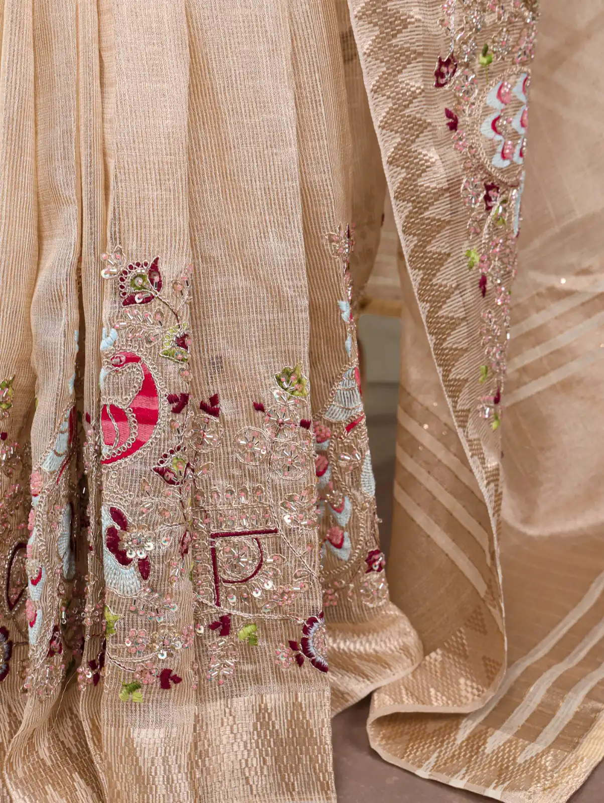 Cream Kota Tissue Zari Embroidery Work Saree - Image 3