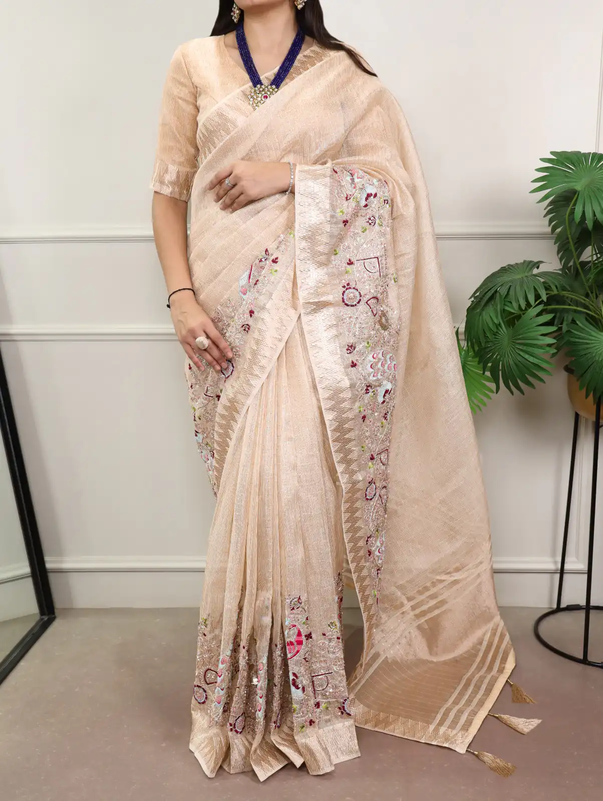 Cream Kota Tissue Zari Embroidery Work Saree