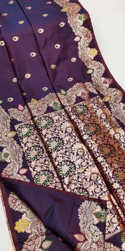 MB 3319 Dark Purple Color Banarasi Lace Work Gold Zari Border Saree . Available at ₹1849 only. Delivery 4-6 Working Days. Shop now. | Designer Sarees, Sarees, Bollywood Sarees, Creative Sarees, Embroidered Sarees, Ethnic Saree, Modern Digital sarees, Party Wear Sarees