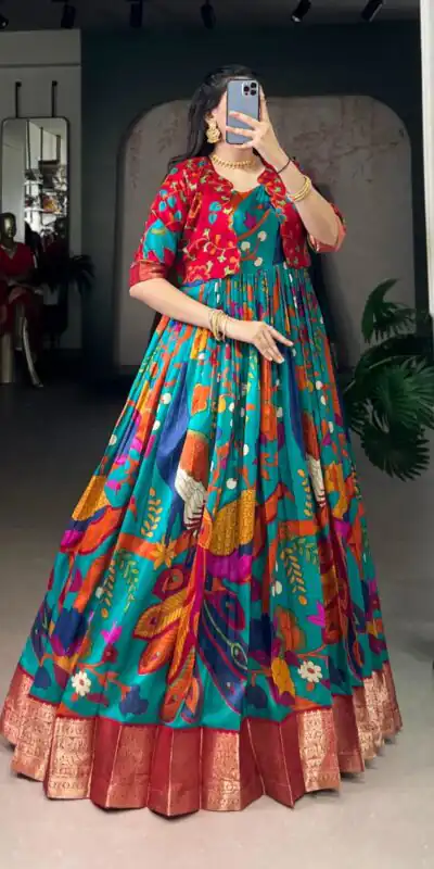 YNF 5035 Firozi in Taser Silk Zari Work & Kalamkari Print Gown . Available at ₹1799 only. Delivery 4-6 Working Days. Shop now. | Gowns, Bollywood Gowns, Creative Gowns, Designer Gowns, Embroidered Gowns, Party Wear Gowns