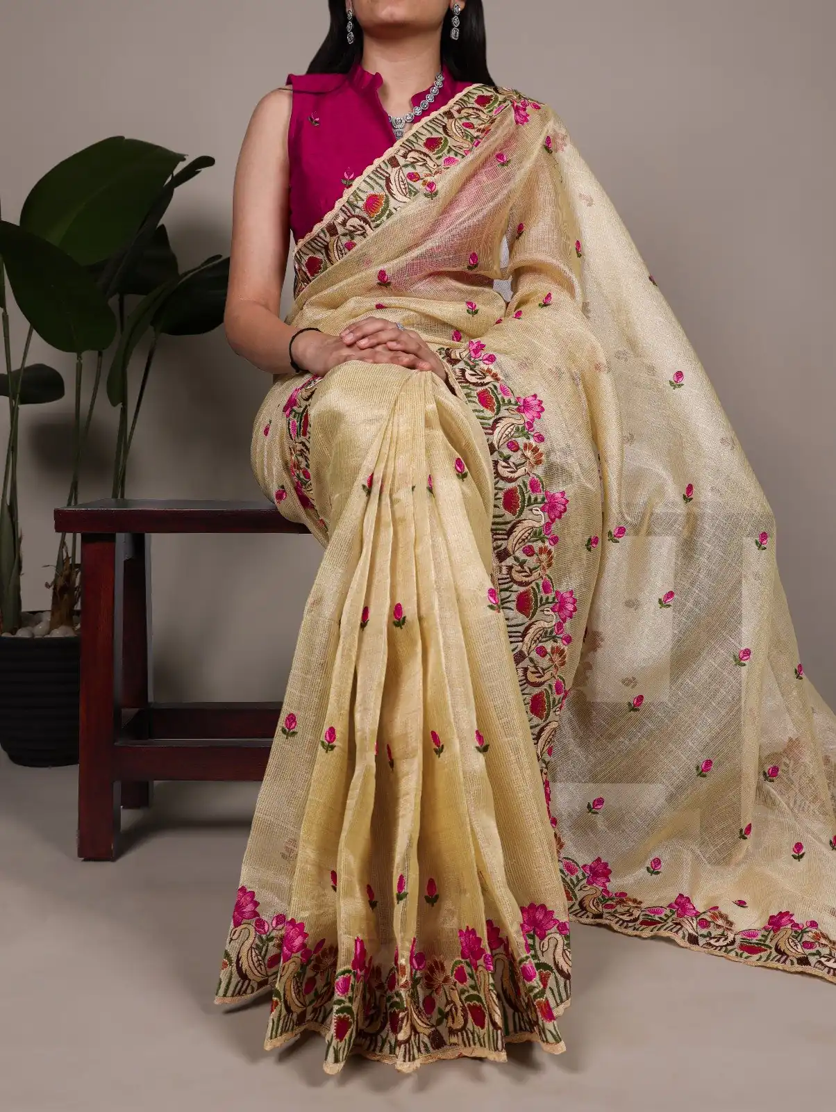 Gold Zari Kota Tissue Embroidery Zari Work Saree