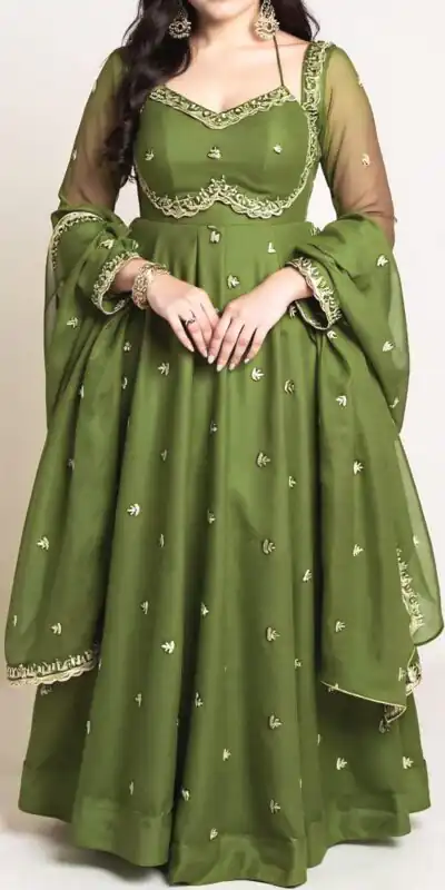 Green Georgette Embroidery Work Gown