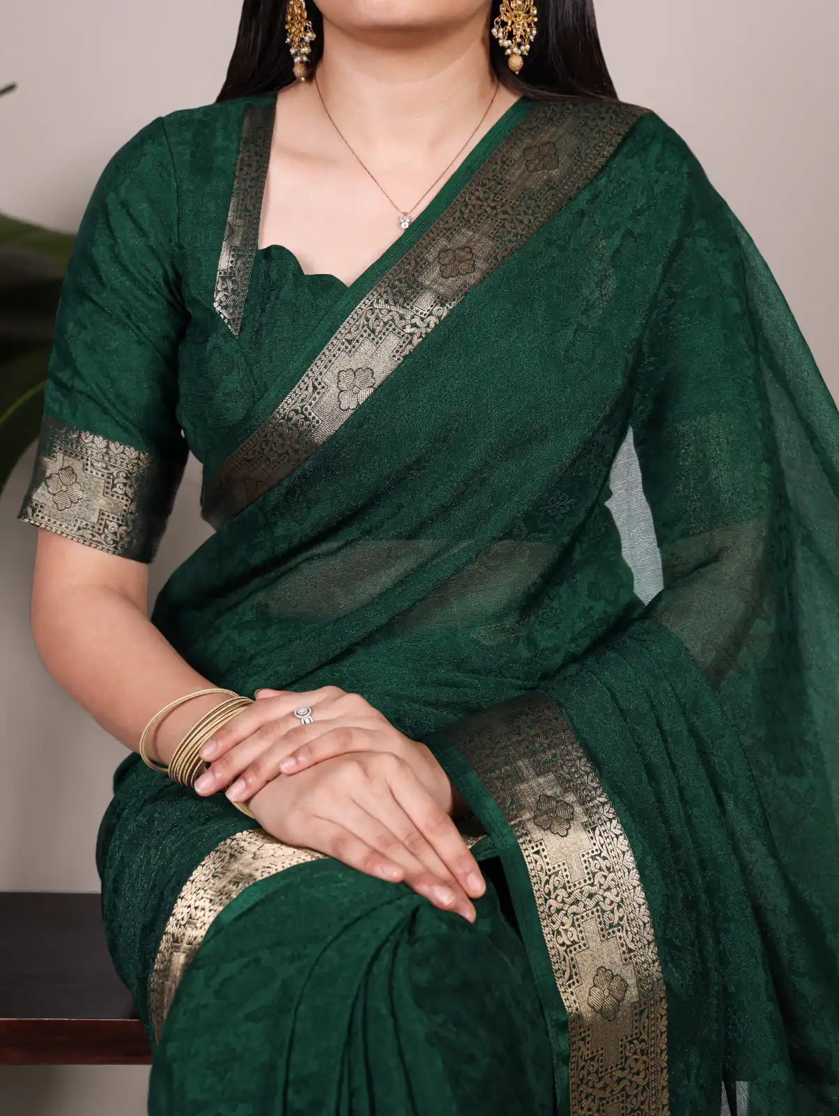 Green Poly Shimmer With Zari Work Saree - Image 2