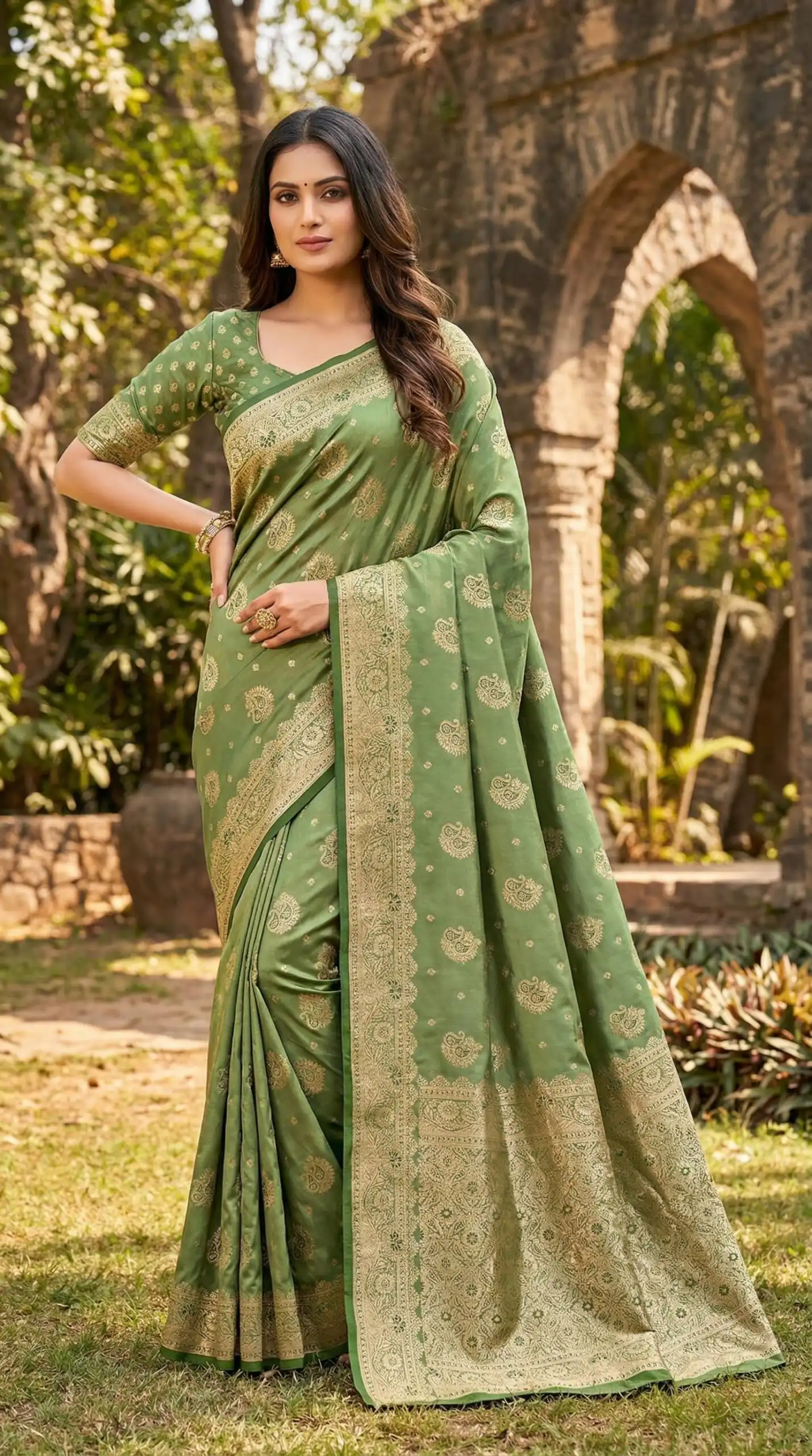 Green Satin Silk Lace Zari Work Saree