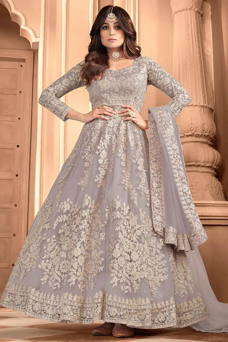 Grey Heavy Net Embroidery Work Salwar Suit