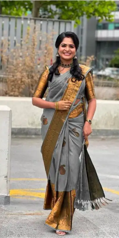 Grey Soft Lichi Silk Jacquard Work All Over Saree