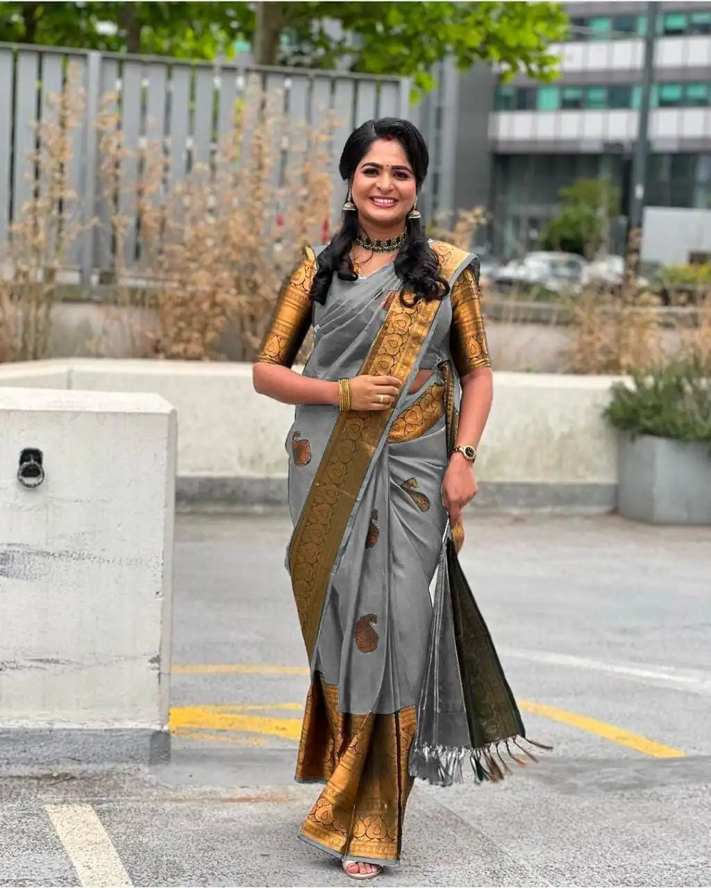 Grey Soft Lichi Silk Jacquard Work All Over Saree