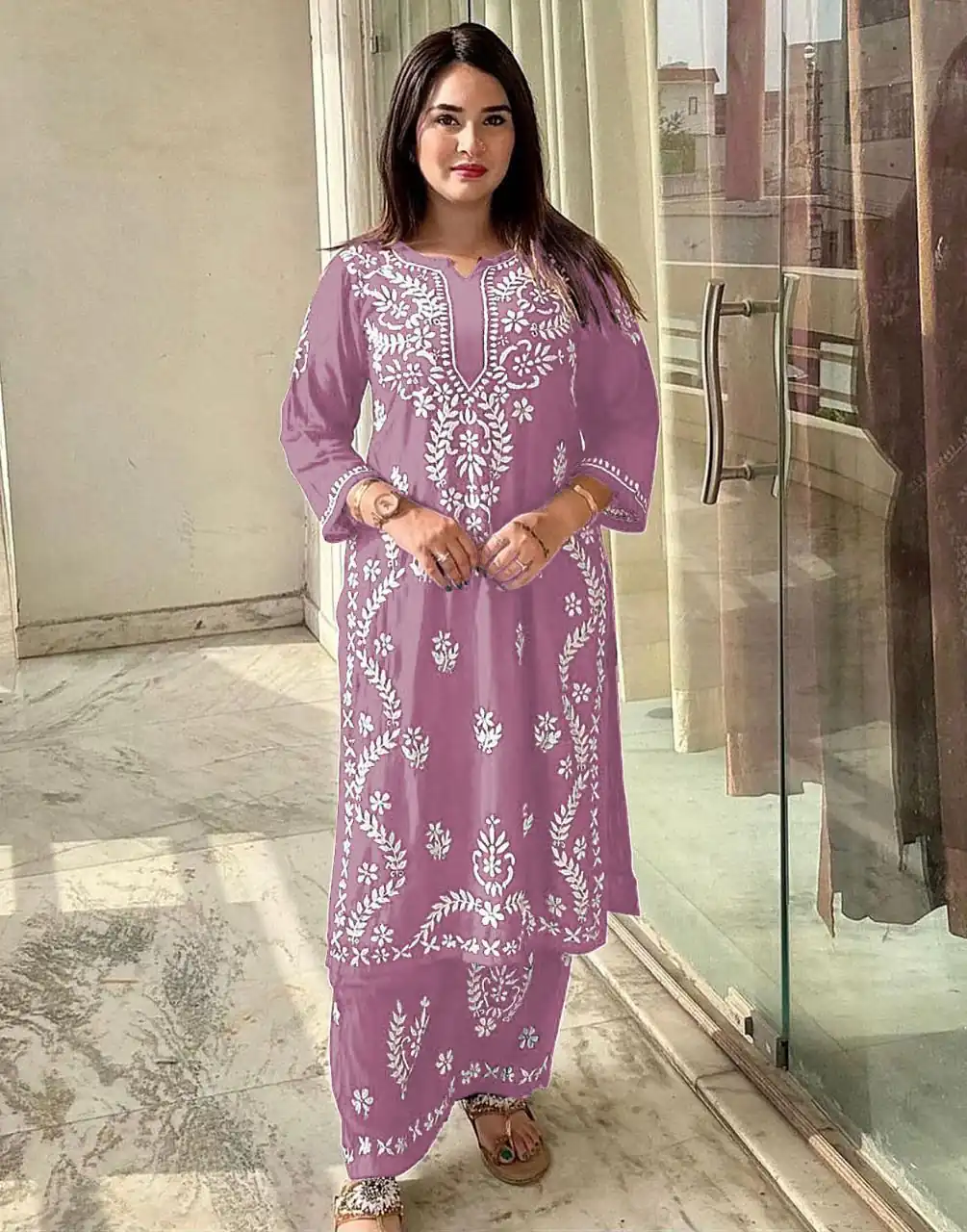 Lavender Rayon Wid Lakhnavi  Style Work Kurti