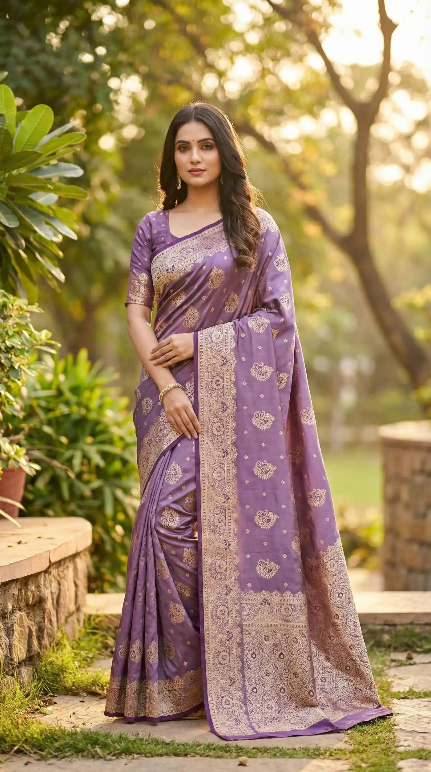 Lavender Satin Silk Lace Zari Work Saree
