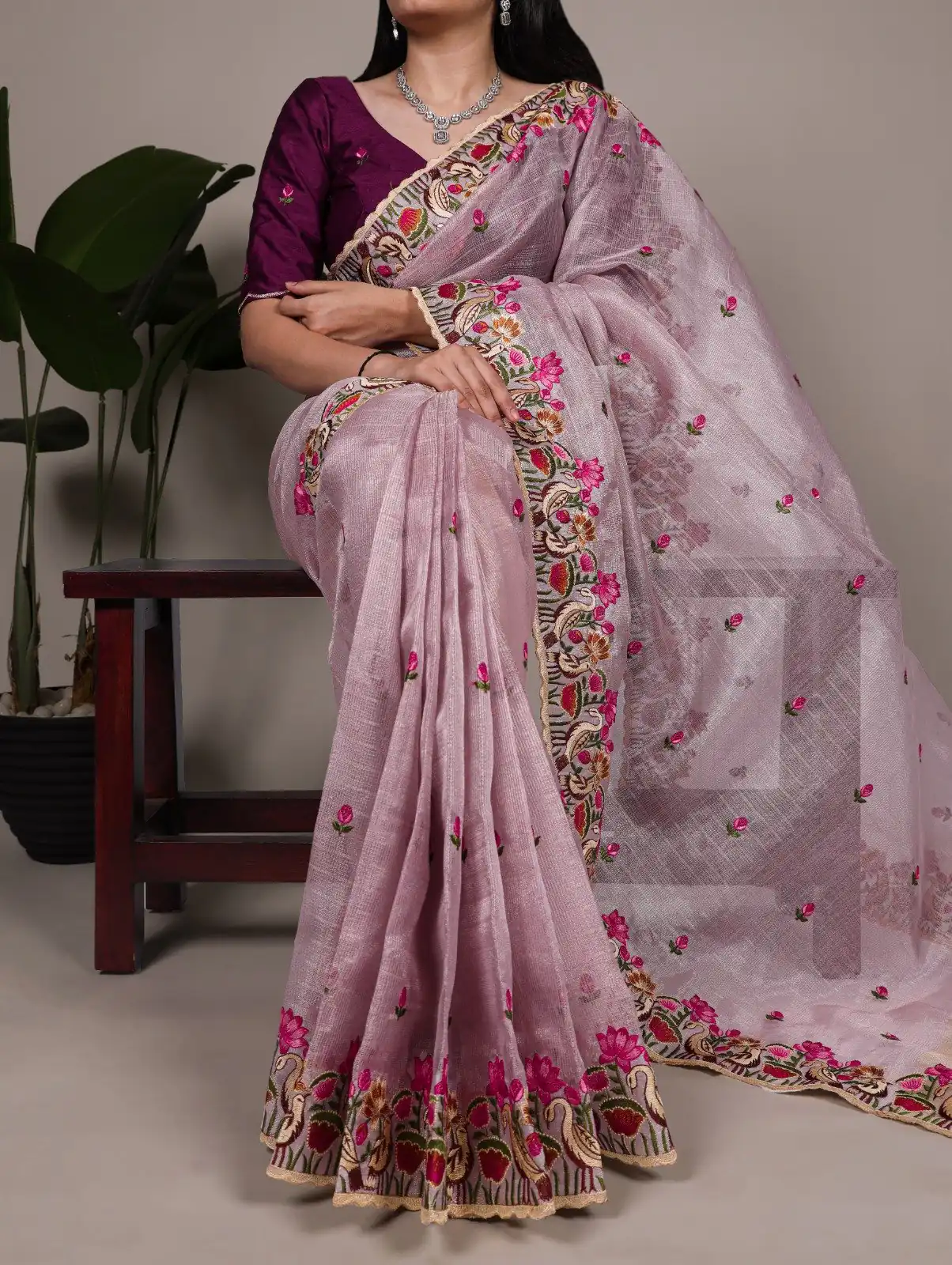 Lavender Zari Kota Tissue Embroidery Zari Work Saree
