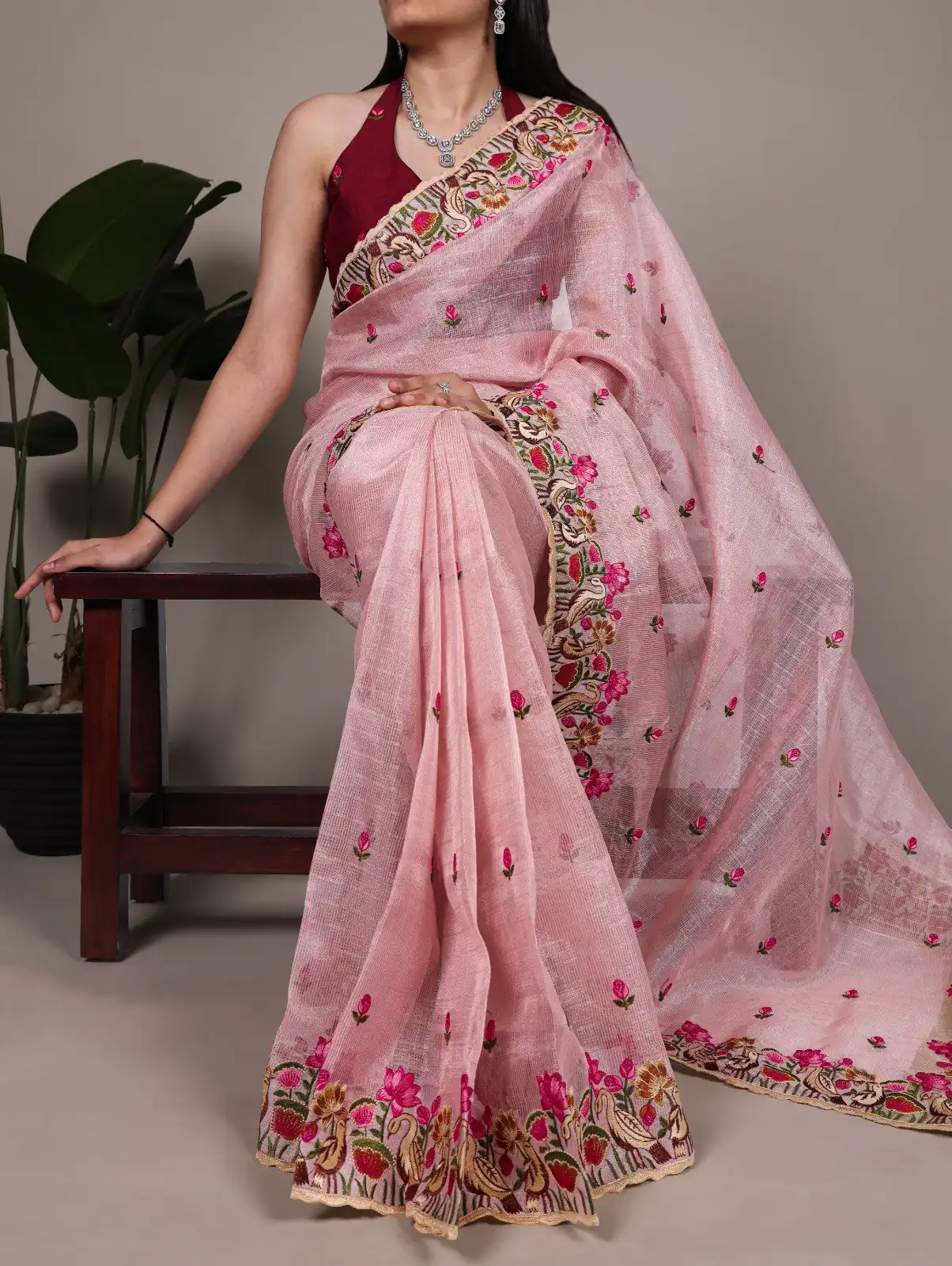 Light Pink Zari Kota Tissue Embroidery Zari Work Saree