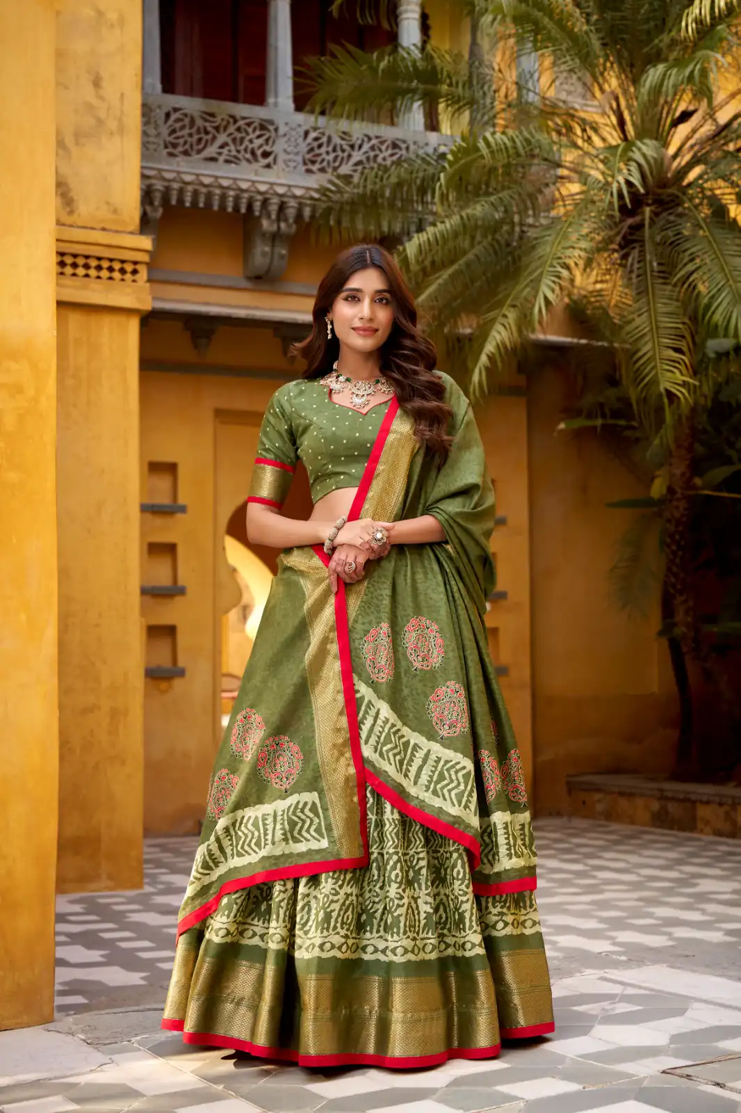 Mahendi Dola Silk Zari Weaving Work Lehenga Choli - Image 2
