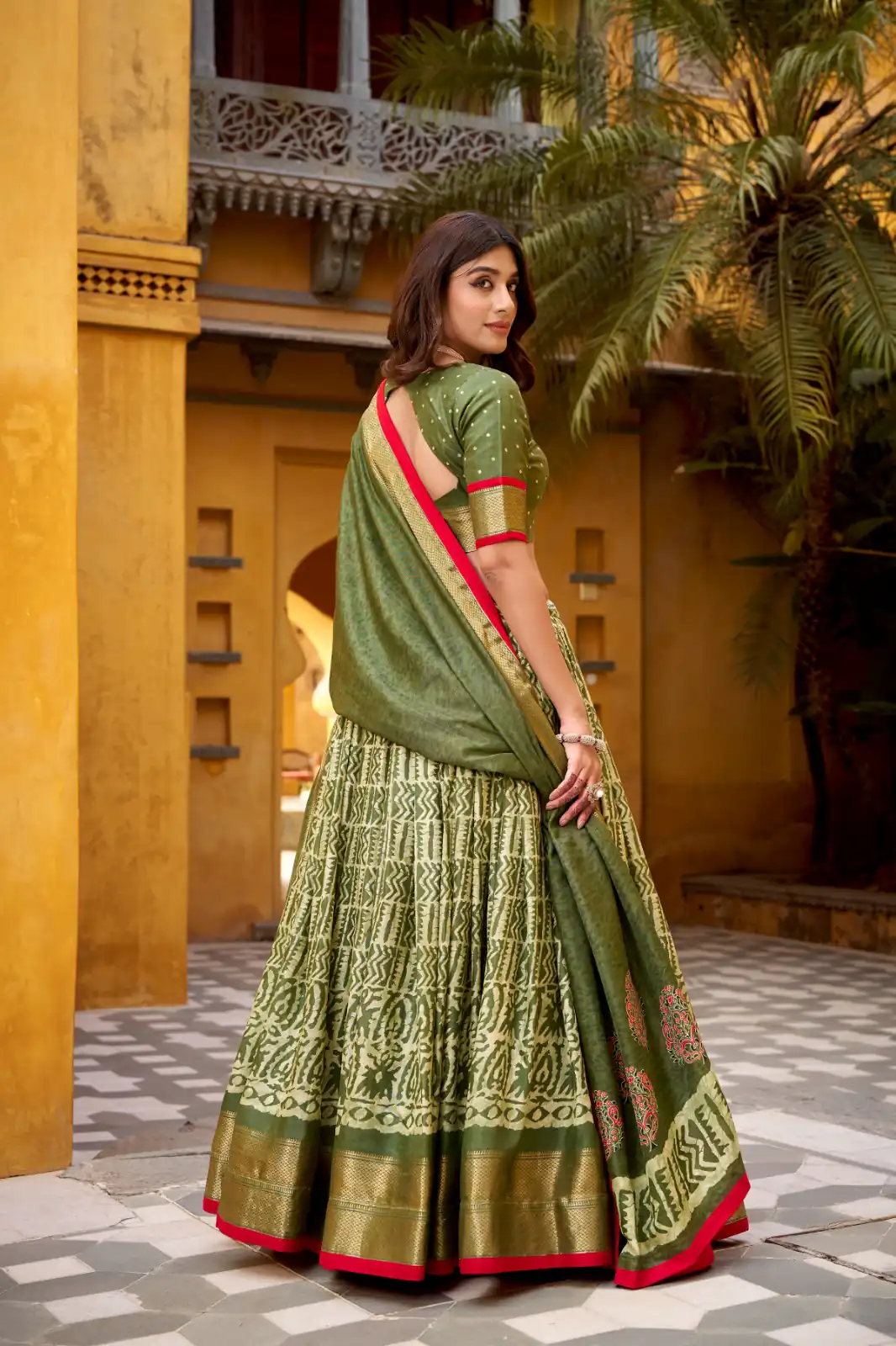 Mahendi Dola Silk Zari Weaving Work Lehenga Choli - Image 3