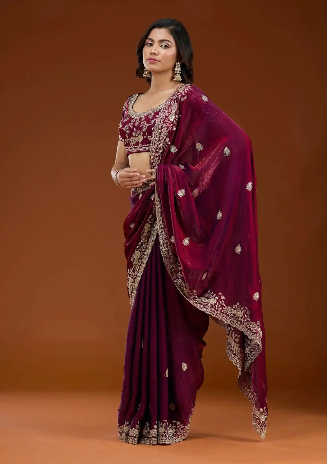 Maroon Fandy Satin Silk Embroidery Work Saree - Image 3