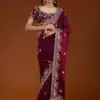 Maroon Fandy Satin Silk Embroidery Work Saree