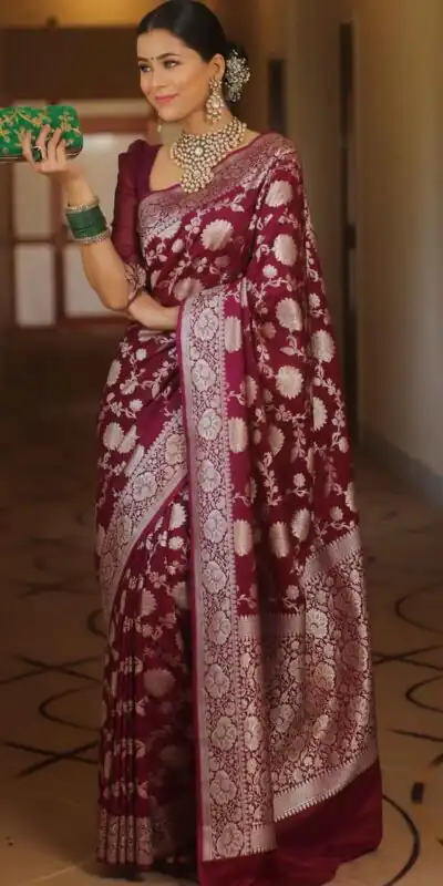 KP 5085 Maroon in Soft Lichi Silk Wedding, Party, Festive, Events Designer Work Saree . Get it for ₹1349. Delivery 4-6 Working Days. Shop now. | Designer Sarees, Sarees, Bollywood Sarees, Creative Sarees, Embroidered Sarees, Ethnic Saree, Modern Digital sarees, Party Wear Sarees