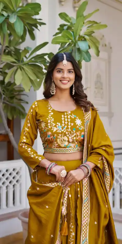 Ram 150 Mustered Color Vichitra Lehenga Choli with Embroidery Work. Grab it for ₹3049. Delivery 4-6 Working Days. Shop now. | Lehenga, Bollywood Lehenga, Creative Lehenga, Designer Lehenga, Embroidered Lehenga, Party Wear Lehenga