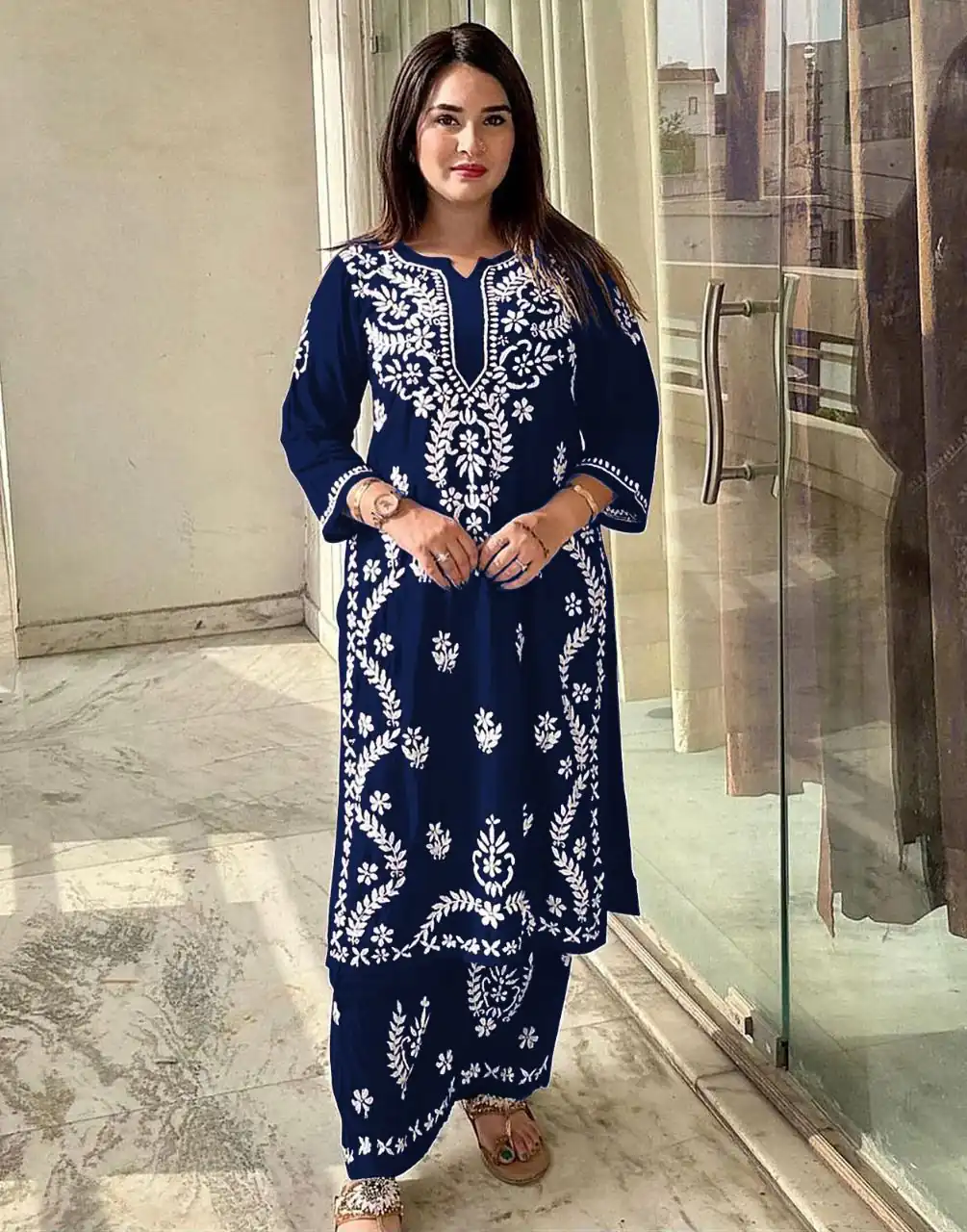 Navy Blue Rayon Wid Lakhnavi  Style Work Kurti