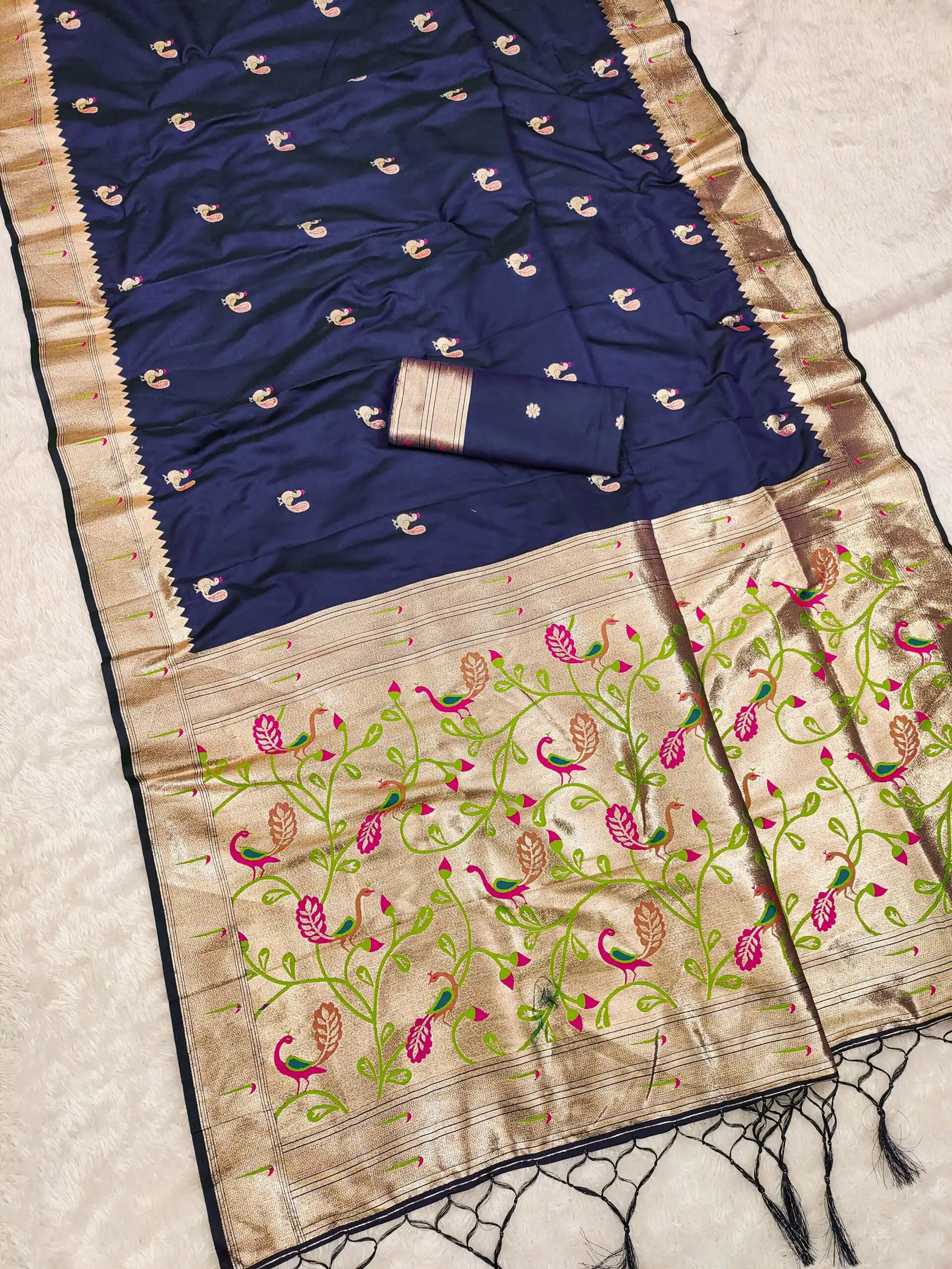 Navy Blue Soft Paithani Silk Lace Zari Work Saree