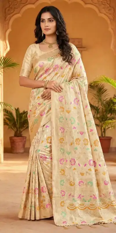 Off White Banarasi Silk Zari Work All Over Saree