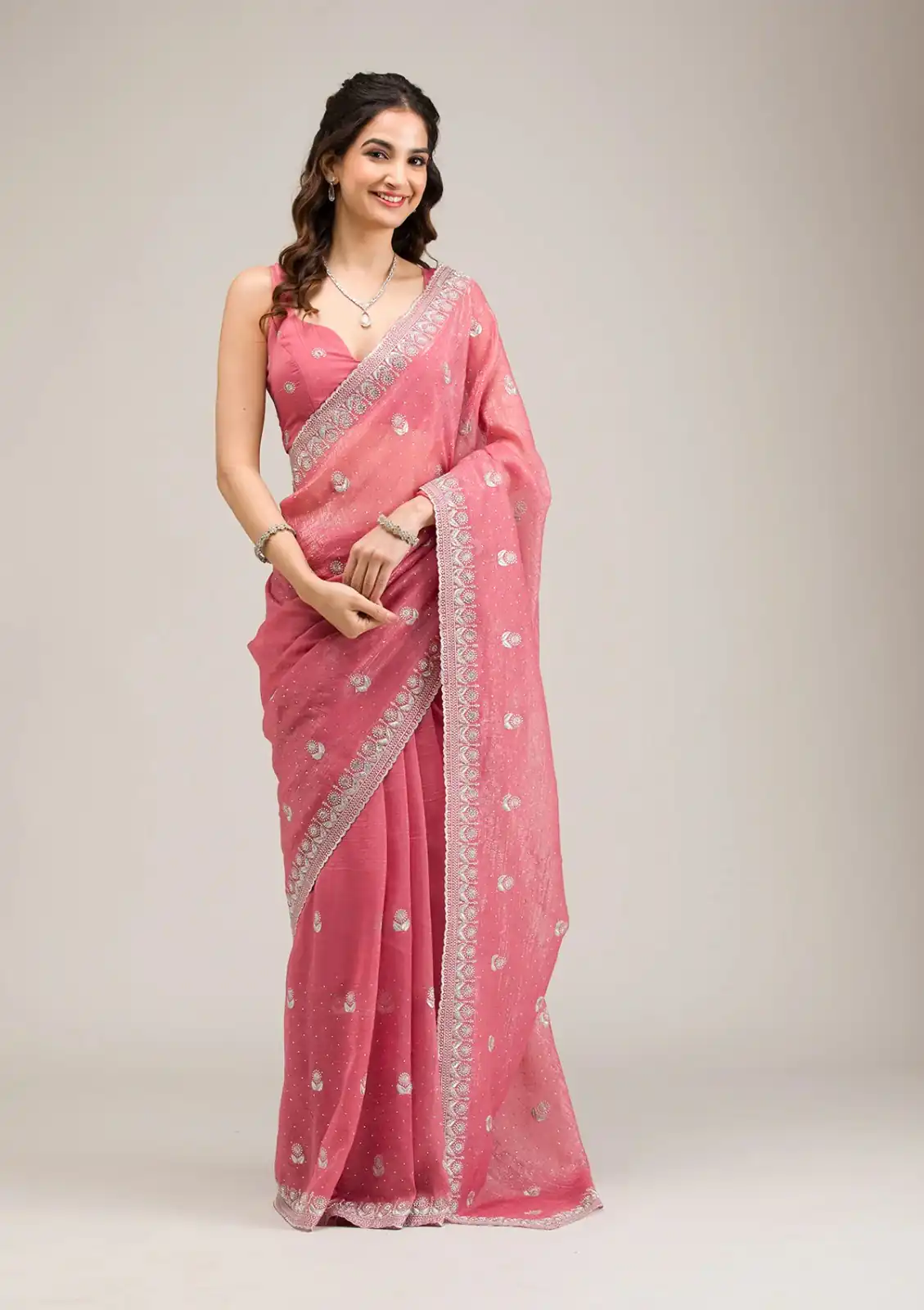 Peach Crunchy Ciffon Embroidery Zari Work Saree