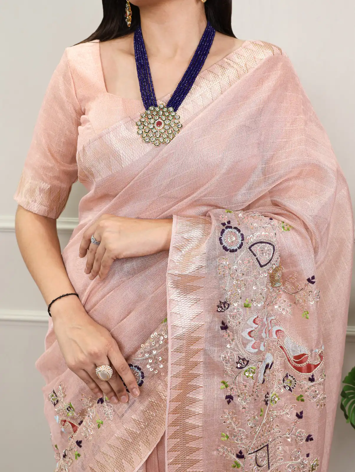 Peach Kota Tissue Zari Embroidery Work Saree - Image 2